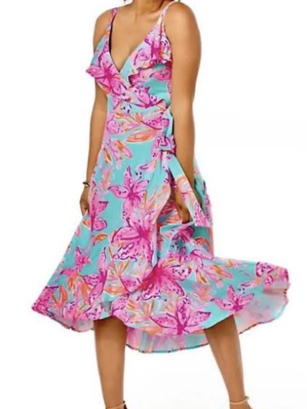 Lilly Pulitzer Aqua and Pink Floral High-Low Midi Dress